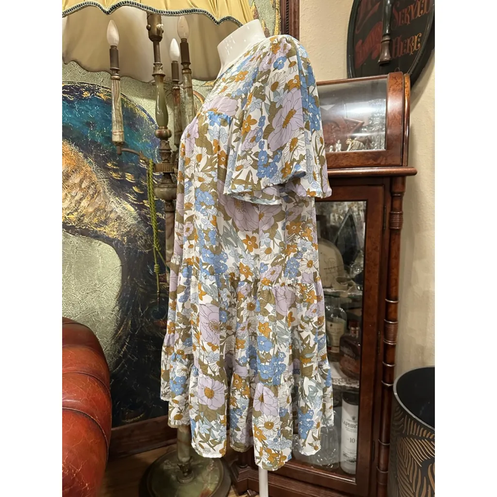 Women's VICI Floral Mini Dress, S, White with Blue and Brown Flowers - Image 2