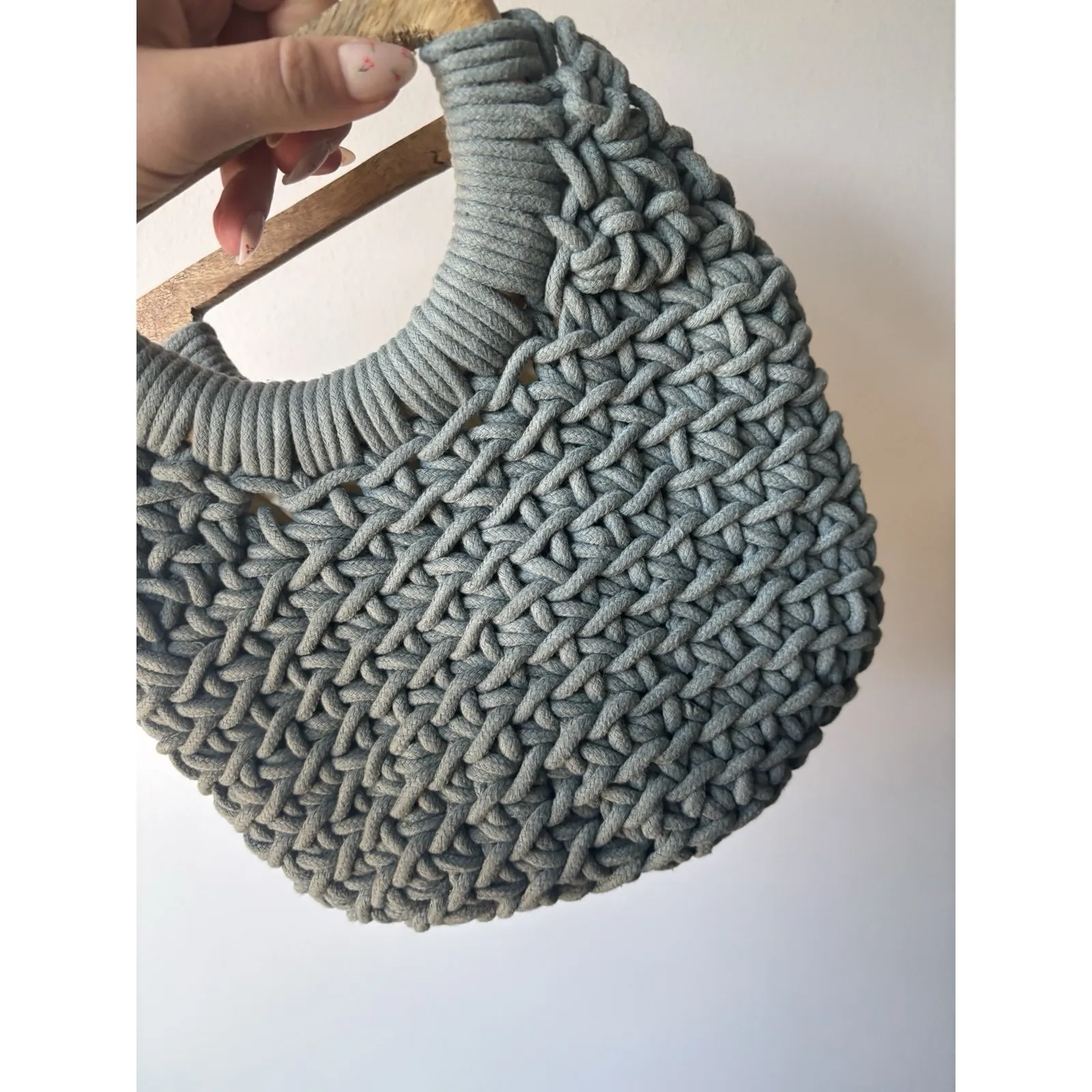 A New Day Dusty Blue Teal Rope Knit Purse Clutch Boho‎ Wooden Handle - Image 7