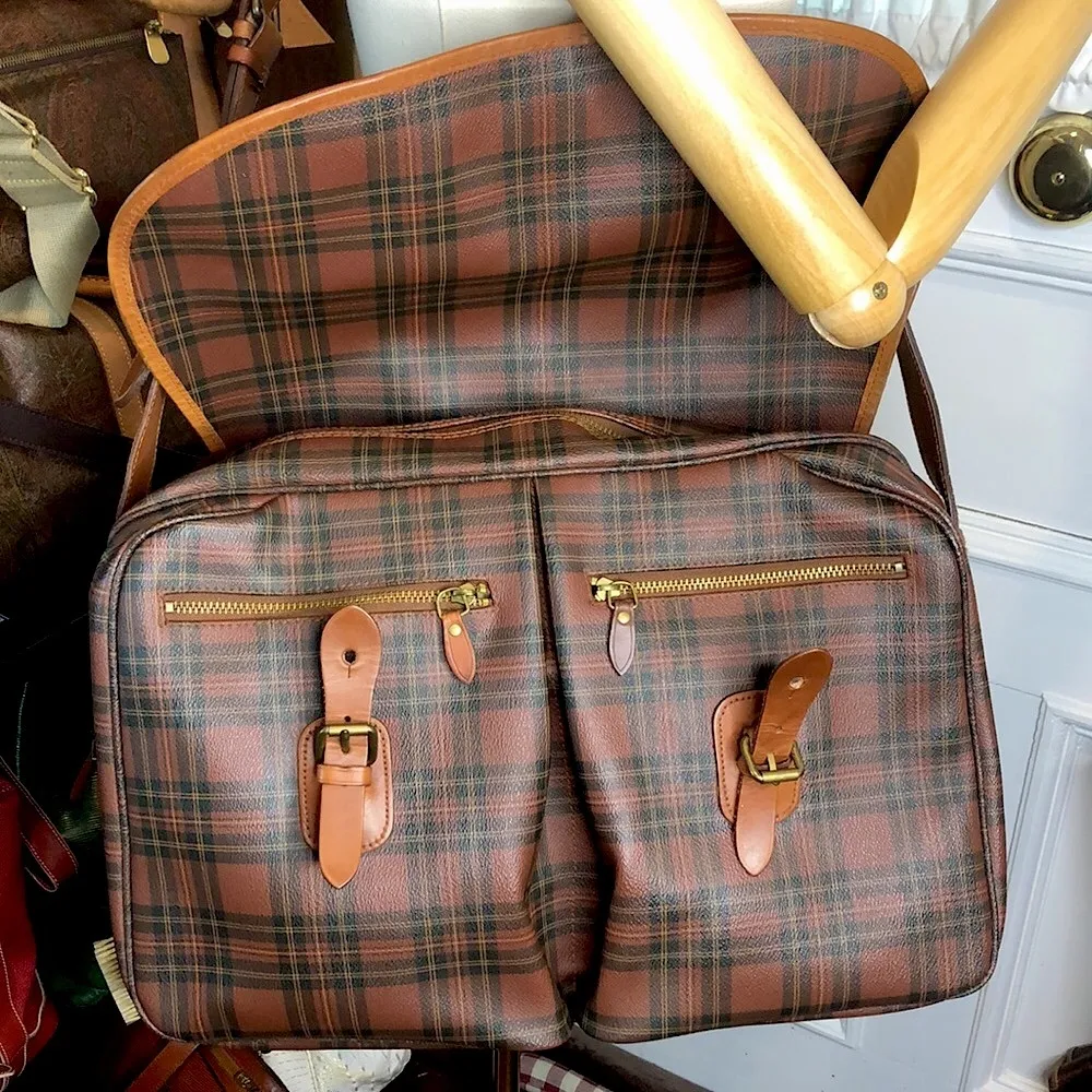 Brown Green Tartan Plaid Computer Crossbody Tote Messenger Bag Rare - Image 4