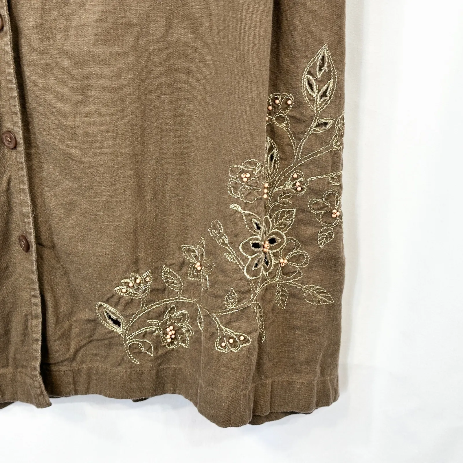 Fashion Bug Plus Size 30/32W Top Brown Linen Embroidered Floral Button Down 676 - Image 3