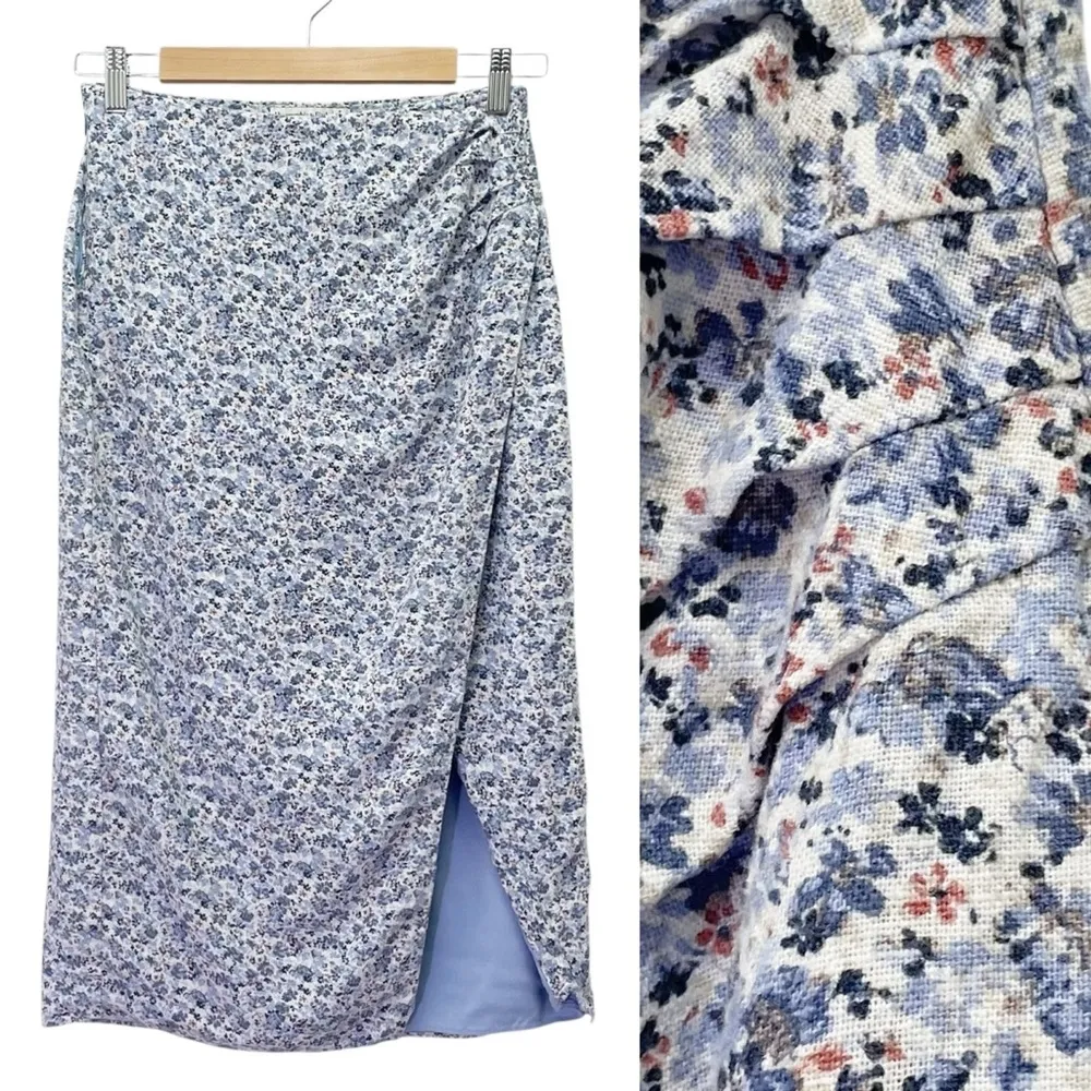 Abercrombie & Fitch Side Slit Midi Skirt Blue Floral Linen Blend Size Small - Image 12