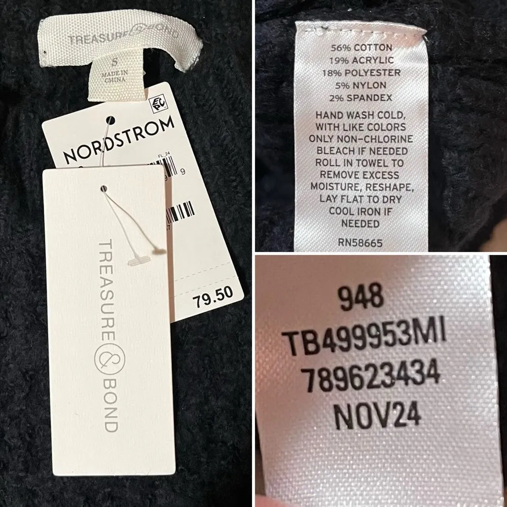 Treasure & Bond Mixed Stitch Balloon Sleeve  Fringe Sweater Black Crew S NWT - Image 11