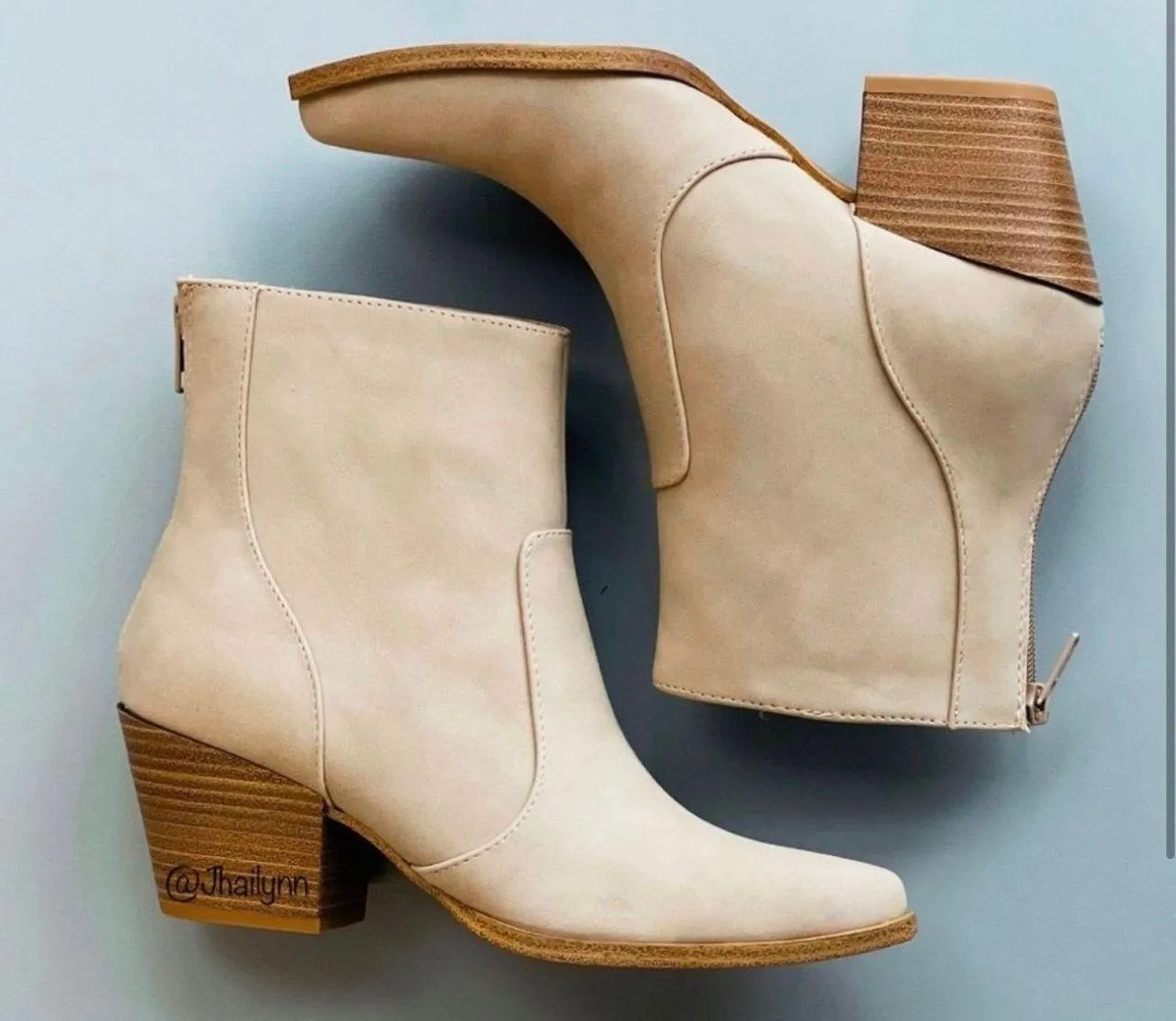 Nude Western Almond Toe Chunky Heel Ankle Bootie  - Image 4