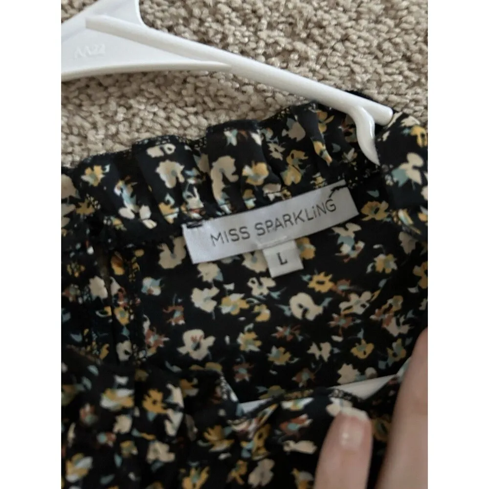 Miss Sparkling Mock Neck Boho Floral Ruffle Peplum Blouse Top Size L Workwear Black Size L - Image 11