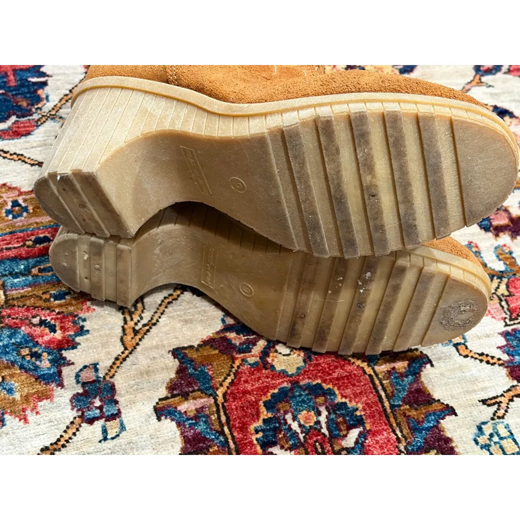 Vintage Sears Suede Shearling Lined Wedge Boots Tan 9M Chunky Heel 70s USA Cozy Size 9 - Image 3