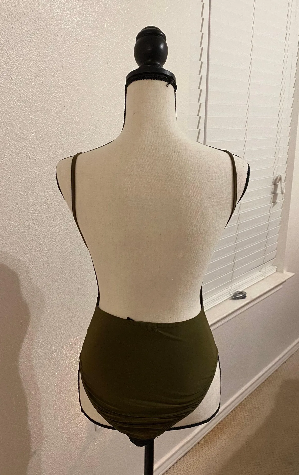 Silk Olive Green Open Back Spaghetti Strap Summer Bodysuit Size 4 - Image 3