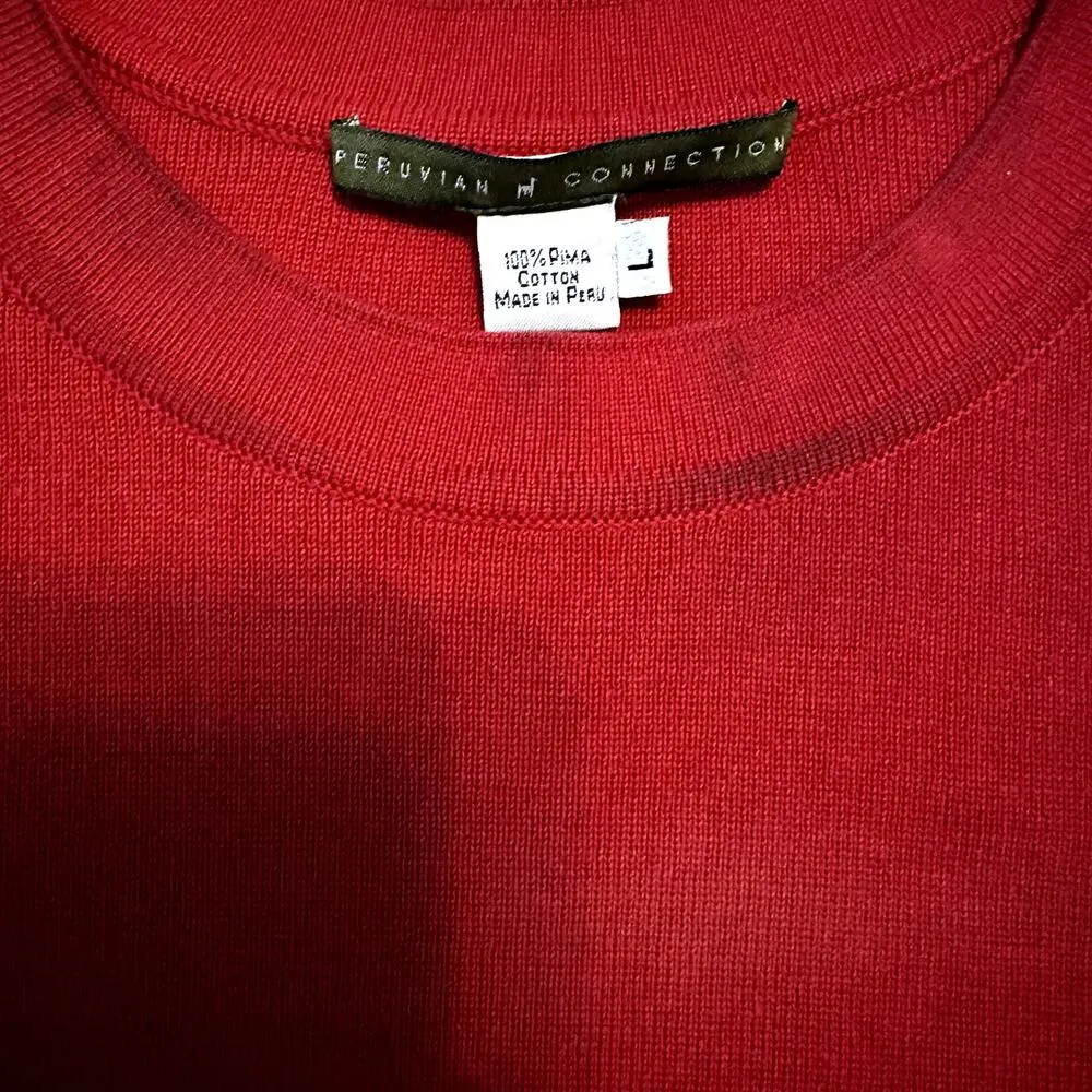 Peruvian Connection Sweater 100% Pima Cotton Long Sleeve Knit Pullover Red L - Image 2