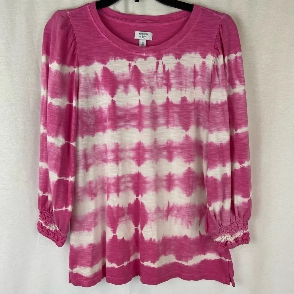 Crown and Ivy Pink Tie Dye Puff Sleeves Top Women’s Size Medium Barbie - Image 2