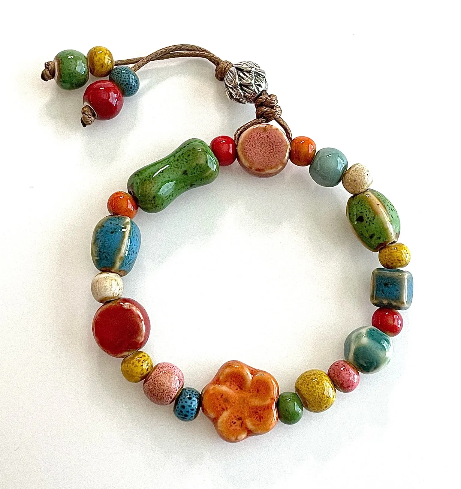 Orange flower Bracelet bright ceramic beaded bohemian silver lotus tassel Multiple - Image 1