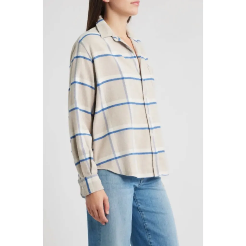 FRANK & EILEEN Eileen Relaxed Button Up Shirt in Tan, White & Navy Plaid Flannel - Image 8