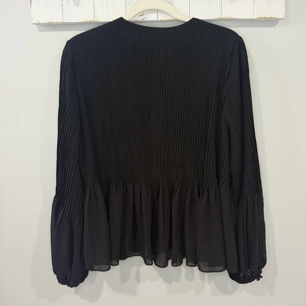 Ecru Designs Black Ruched Chiffon V-Neck Blouse | Size L - Image 3