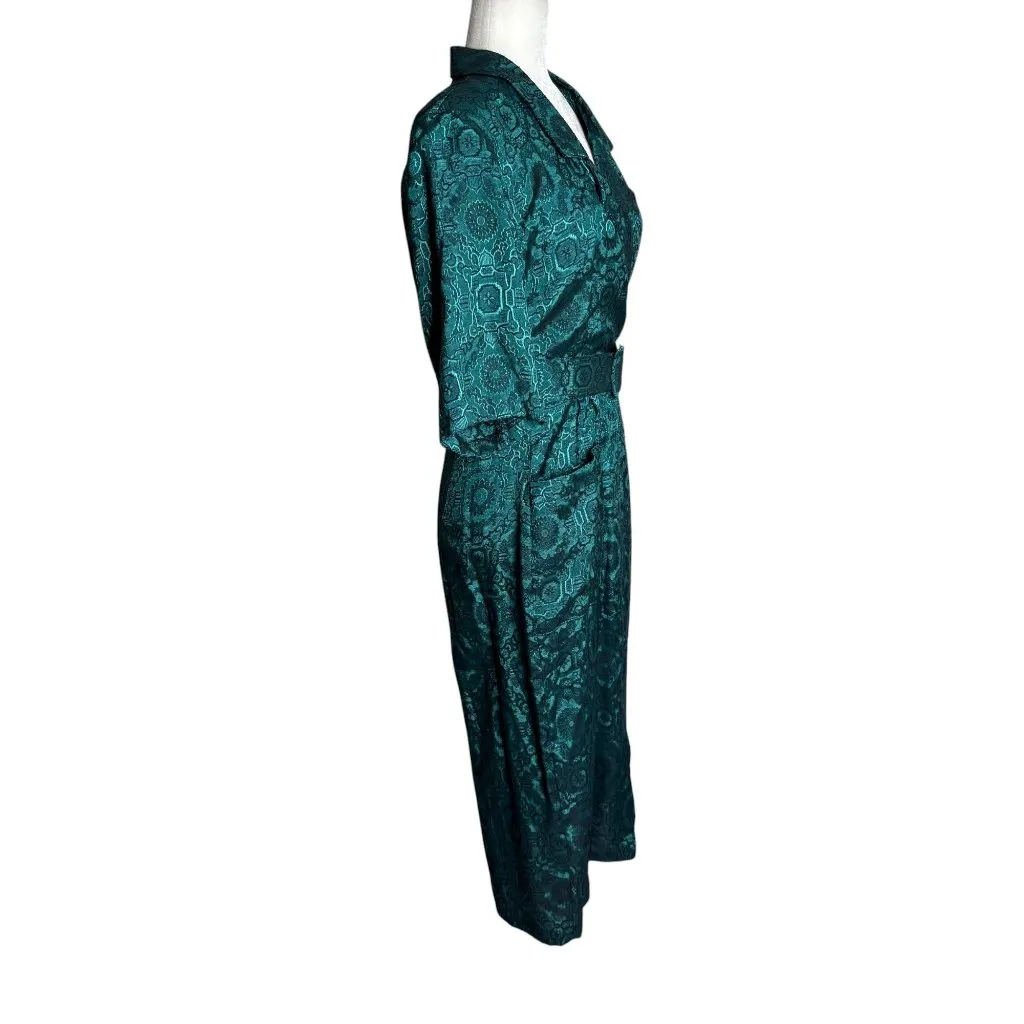 Vintage 90s All That Jazz Satin Wrap Dress XSmall Teal Black Belted Pockets - Image 8