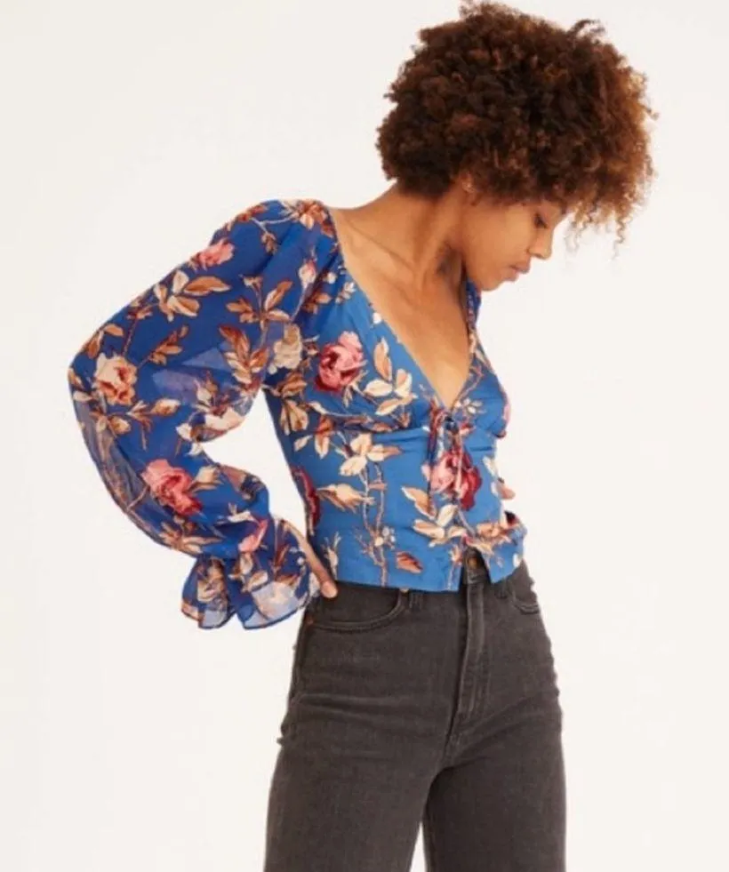 NWT Urban Outfitters Topanga Button Front Cropped Blue Floral Ruffle Blouse Top - Image 12
