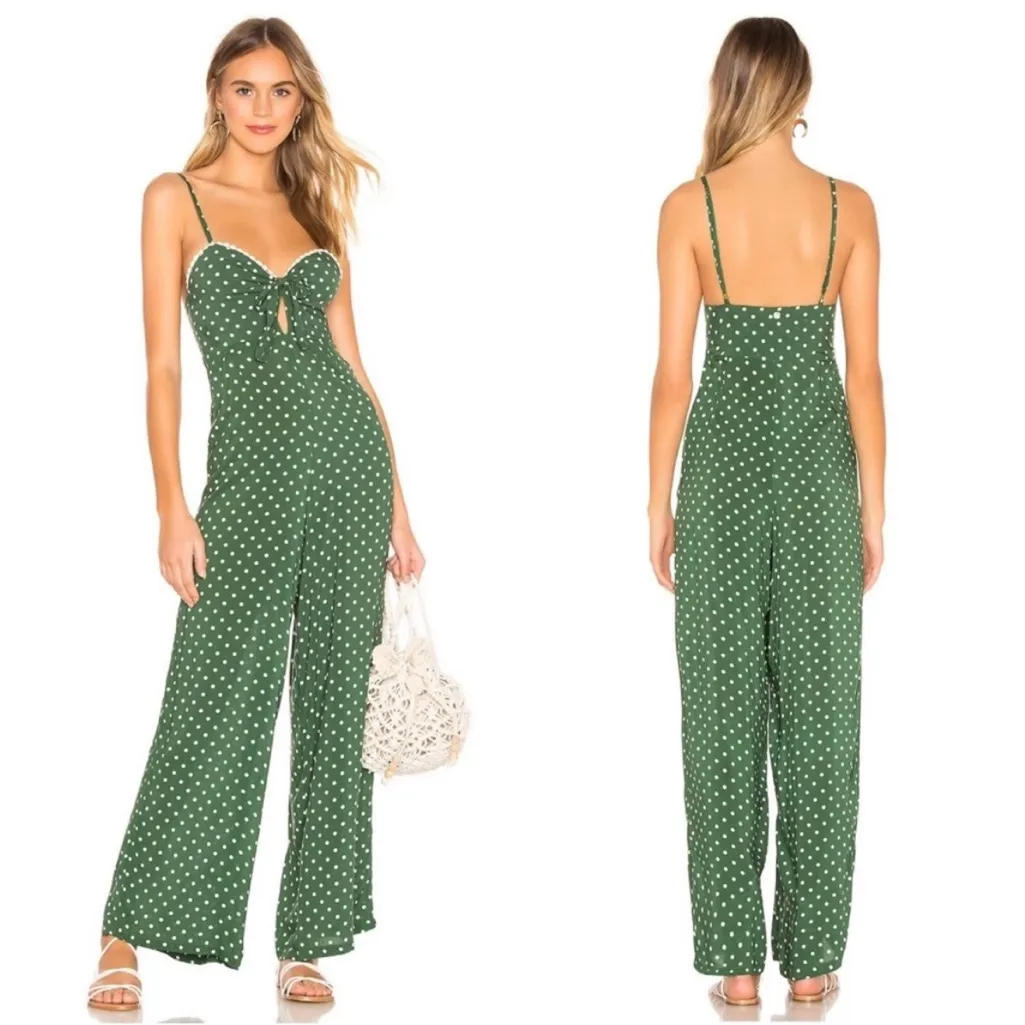 Agua Bendita Polka Dot Jumpsuit Women’s Small Green Keyhole Wide Leg Lace Trim - Image 2
