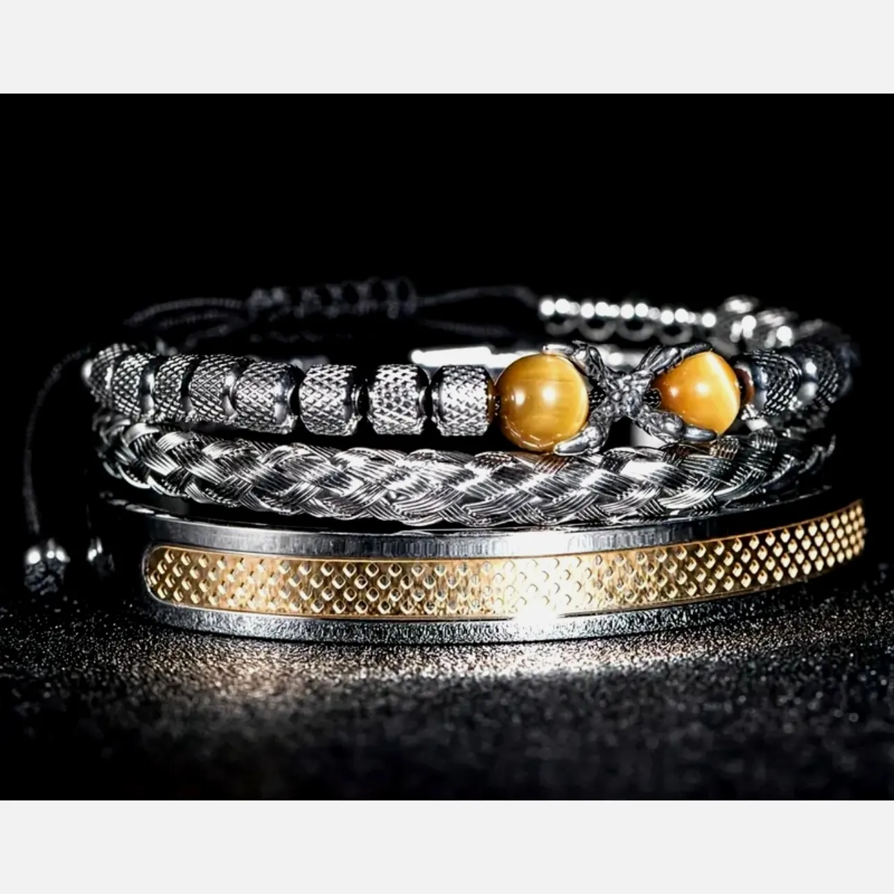 Unisex 3 pc SS Symmetrical Claw Bracelet Set Beaded Golden Gold - Image 4
