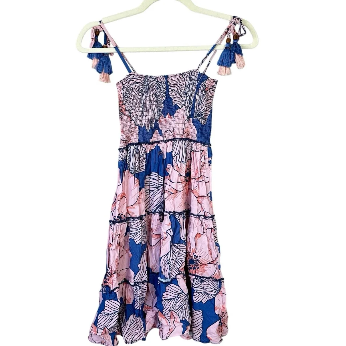 MAAJI Smocked Bodice Tiered Mini Dress Tassel Shoulder Ties Hibiscus Print Small - Image 2