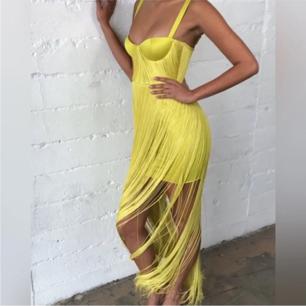HOUSE OF CB 'Emee' Acid Yellow Satin
Fringe Dress - Image 7
