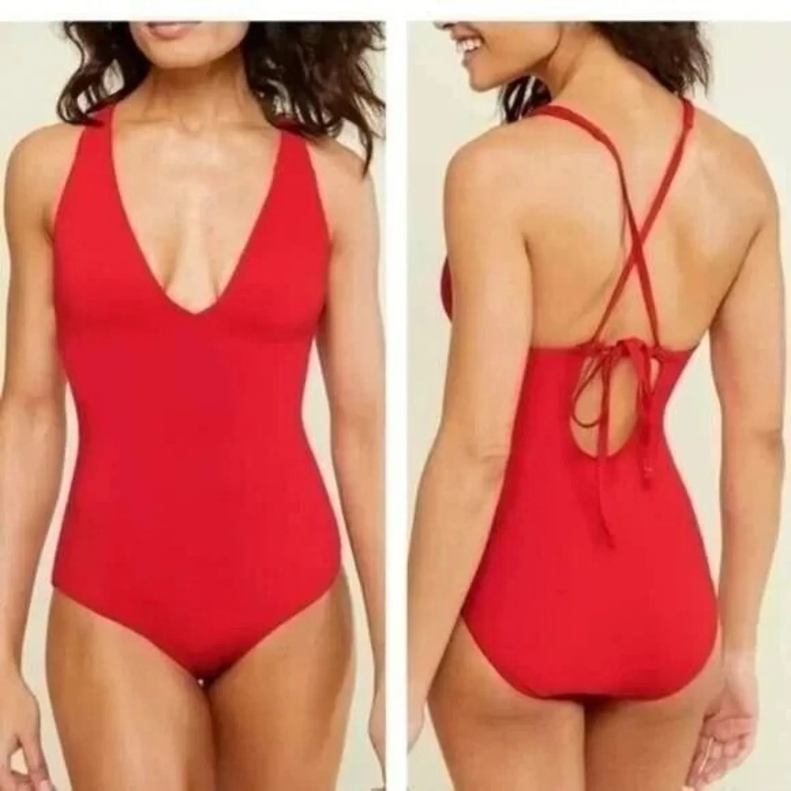 NWT Andie Swim Sardinia Plunge One Piece V Neck Tie Back Removable Cups XS Red - Image 2