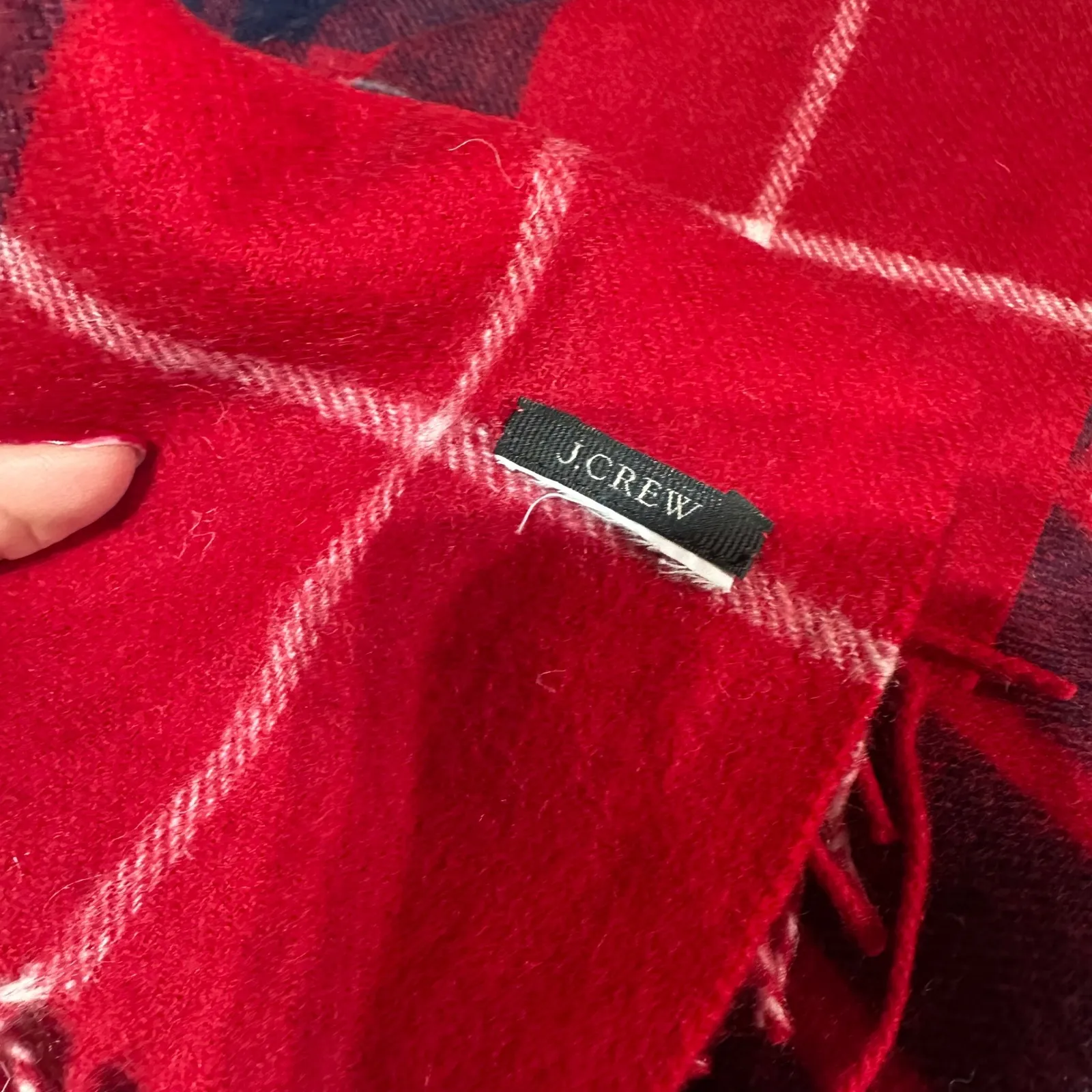 J. Crew Plaid 100% Wool Red Navy Fringe Women's blanket Scarf Red Tartan Stewart - Image 2