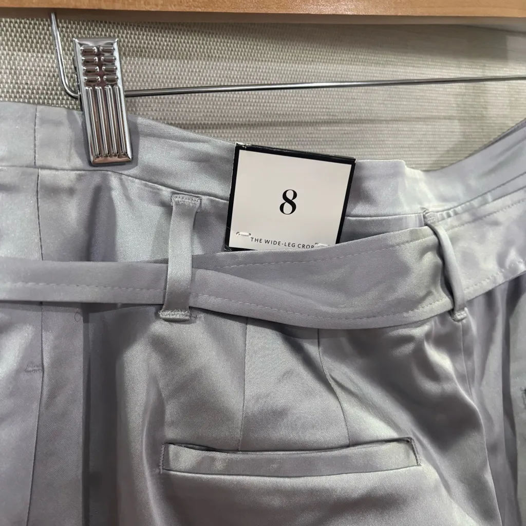 NWT WHBM THE WIDE LEG CROP SATIN SILVER GRAY TIE WAIST SIZE 8 - Image 8