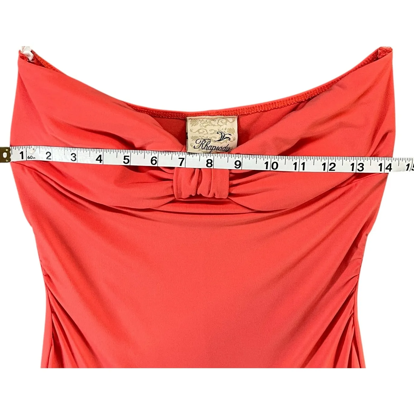 Rhapsody Y2K Strapless Bow Front Mini Dress M Coral Pink Sleeveless Coquette - Image 7