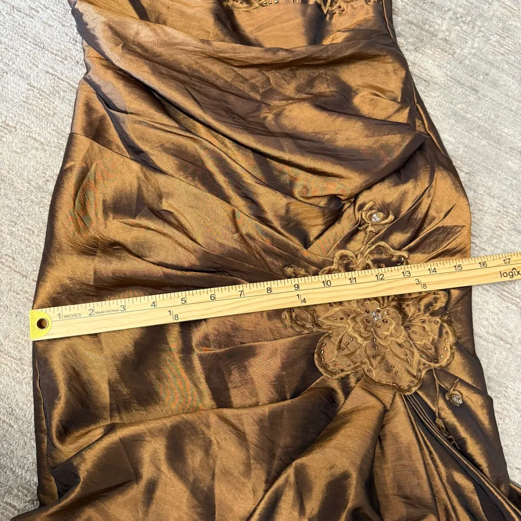 Sally USA Vintage Y2K Copper Satin Rhinestone Brown Strapless Formal Gown - Image 7