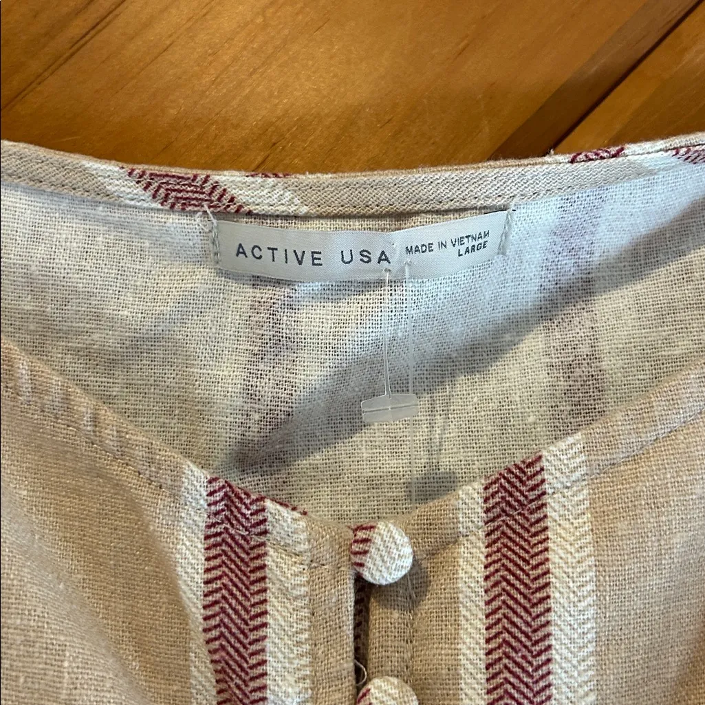 Active USA Button Down Ruffle Hem Striped Linen Blend Babydoll Top NWT - Image 5