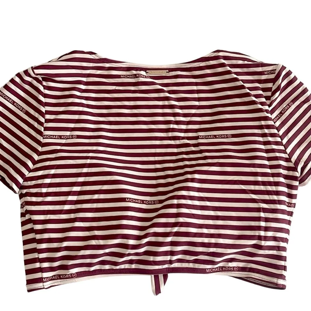 Michael Kors Bikini Shirt Medium Ruby Stripe Tye Front Plunging Neck Padded Cups - Image 2