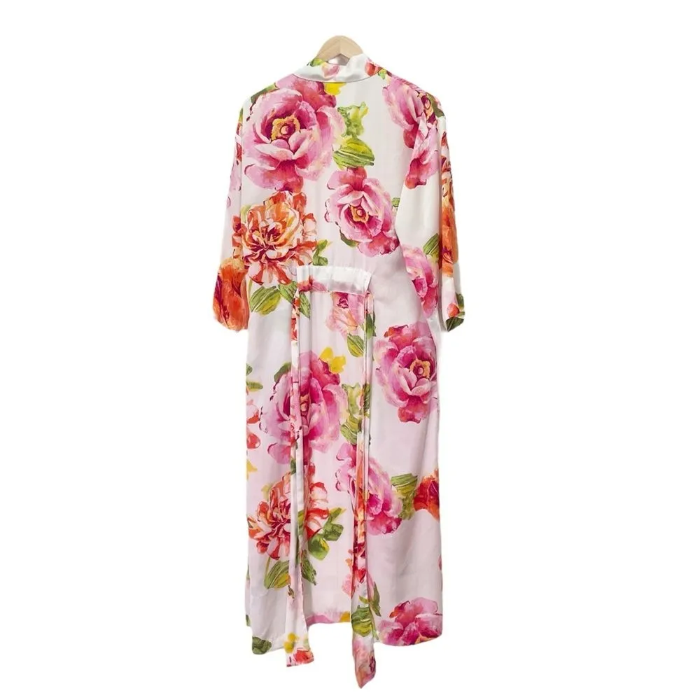 Natori South Pacific Floral Robe & Slip Nightgown Set Pink Orange Ivory Size S M - Image 14