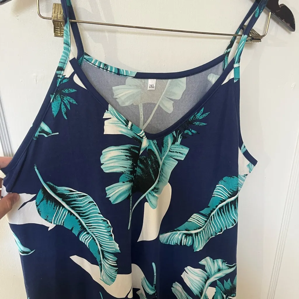 Tropical Leaf Print Dress Blue Size XXL - Image 2