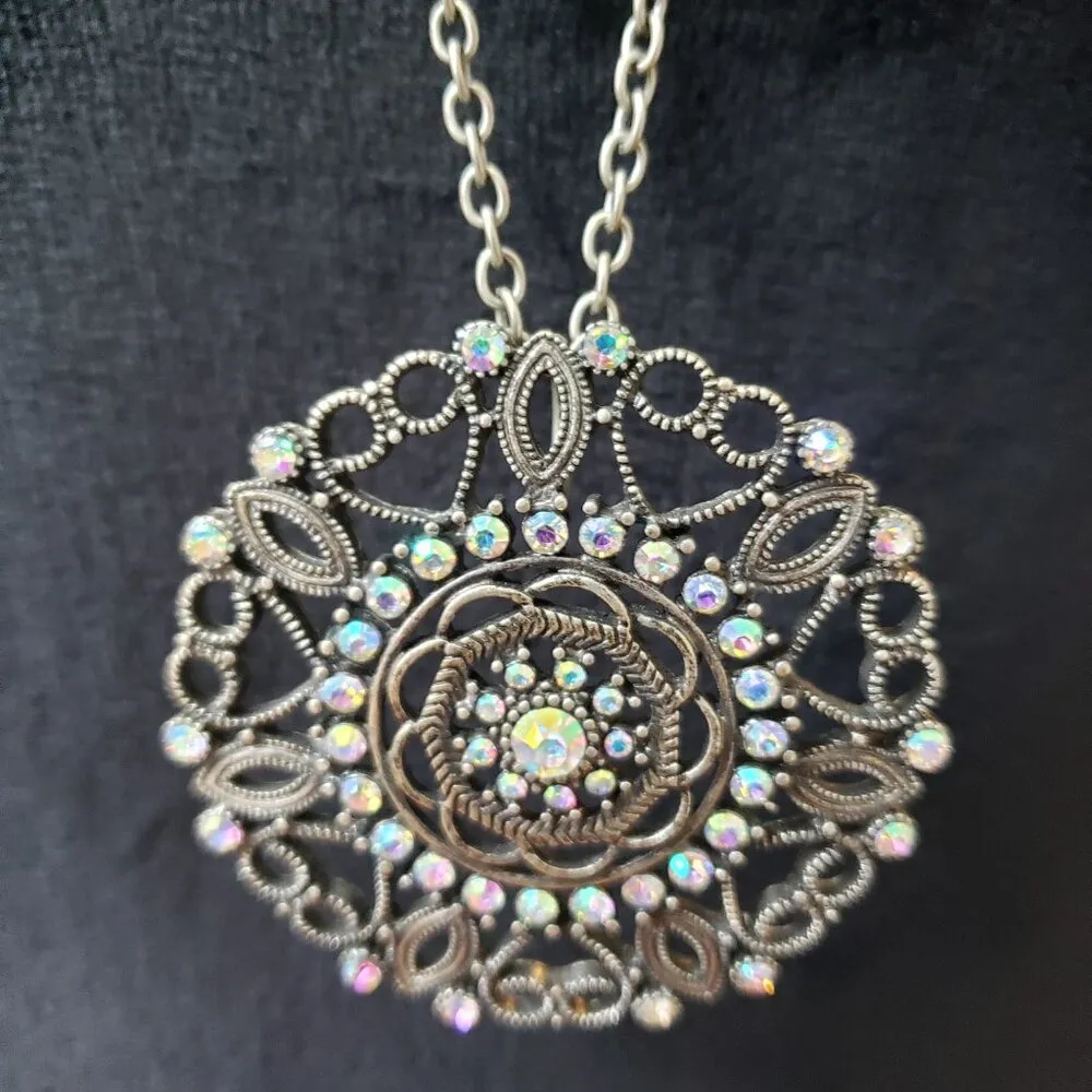 Women Multicolor Crystal Mandala Flower Pendant Curb Chain Necklace with Lobster - Image 3