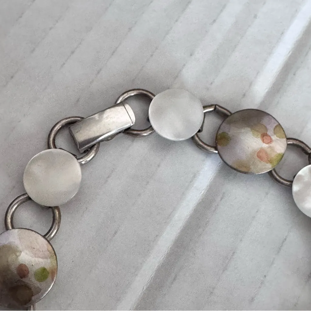 Sterling Silver‎ .925 Mother Of Pearl Cabochon Link Bracelet 7” Minimalist Silver - Image 5