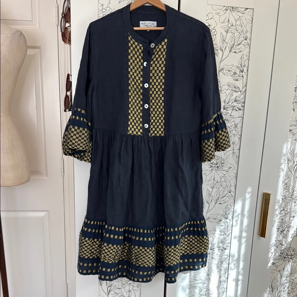 Haris Cotton 100% linen bell sleeve metallic detail midi dress Blue - Image 2