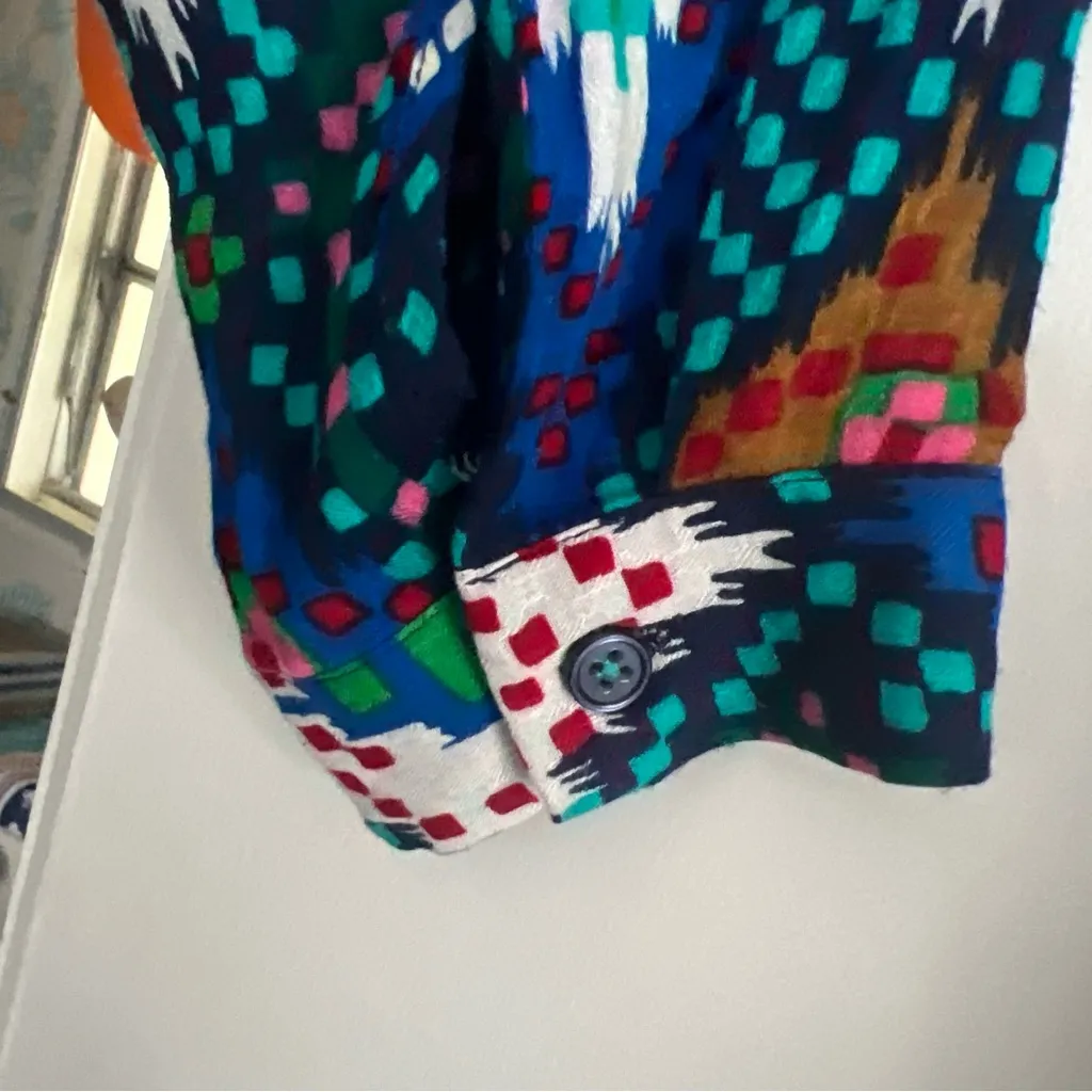 Maeve Anthropologie Topoxte Geometric Ikat Button Front Shirt Tie Waist Sz 8 Euc Green - Image 6