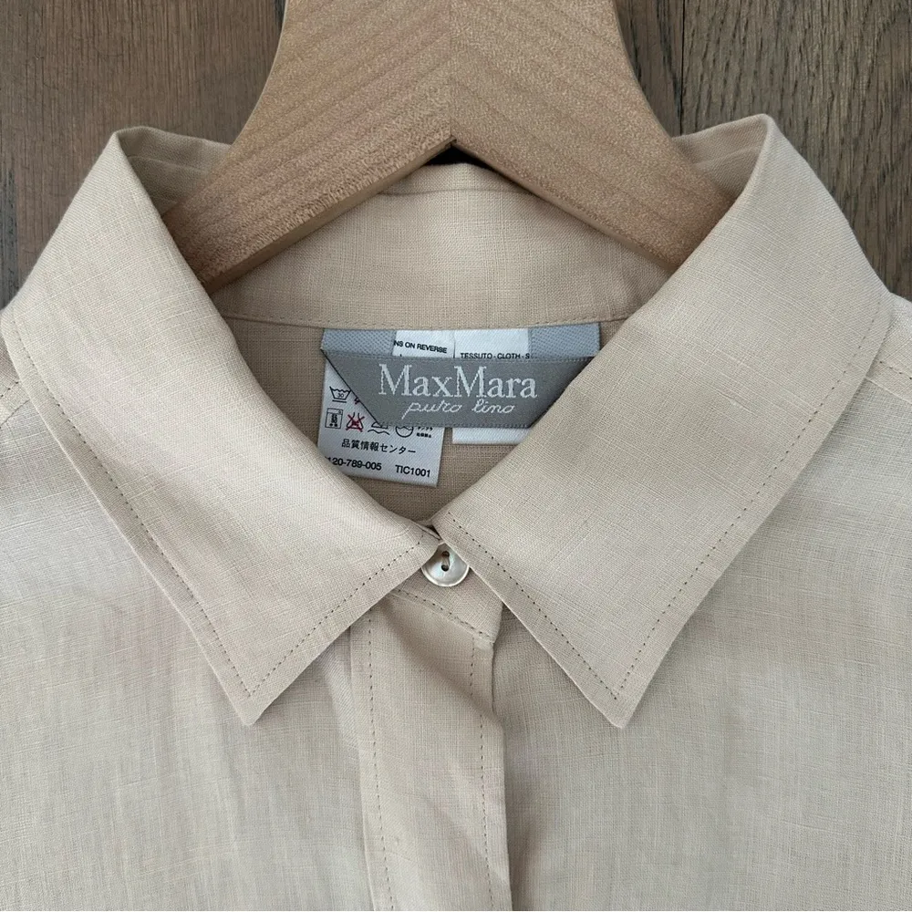 Max Mara 100% Linen Button Front Long Sleeve Classic Blouse Tan US 12 / Large - Image 4