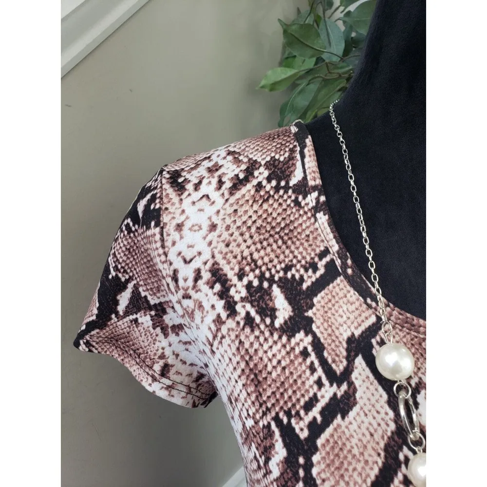 TMG Women's Brown & Beige Polyester Round Neck Short Sleeve Knee Length Dress L - Image 3