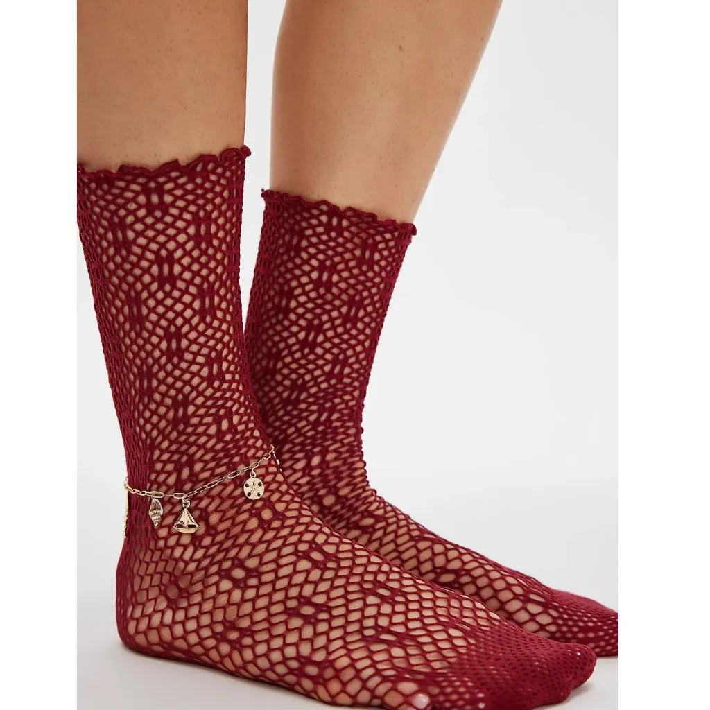 NWT Free People Poppy Crochet Socks in  Red Dhalia - Image 2
