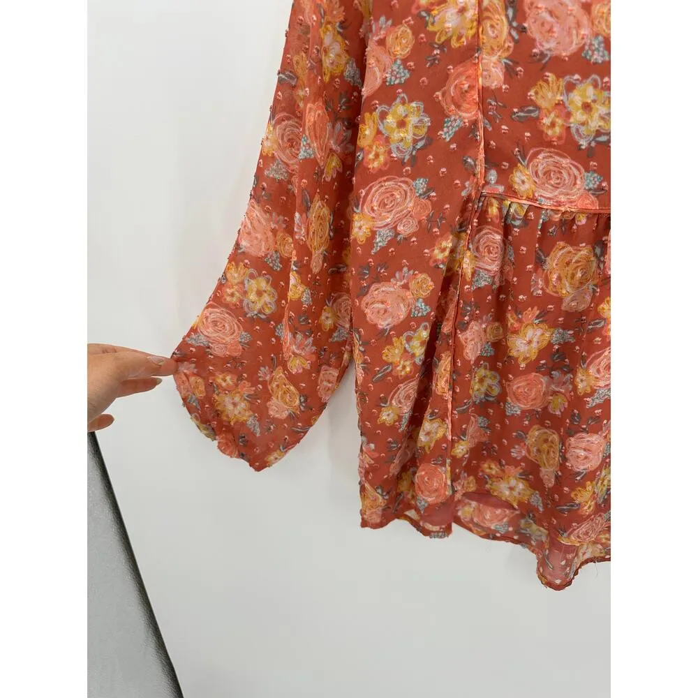 Matilda Jane Babydoll Top Women Large Orange Floral Swiss Dot Peasant Boho VNeck - Image 3