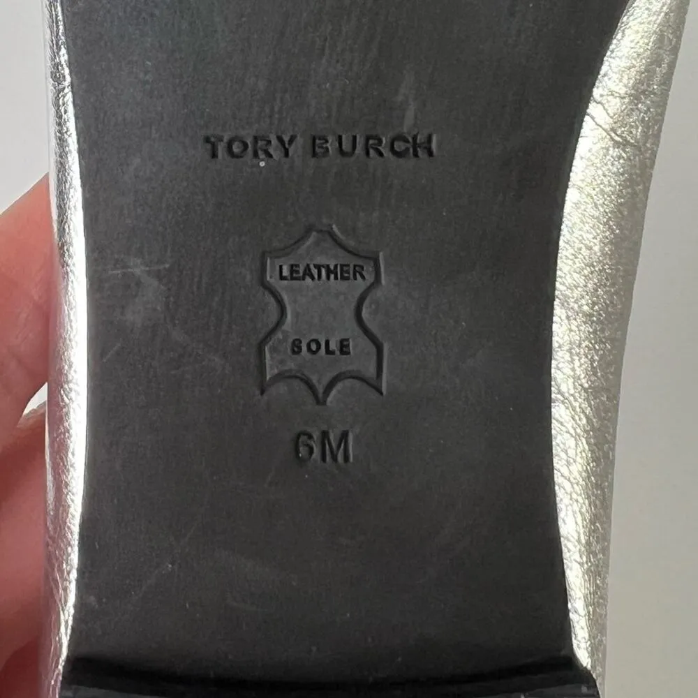 Tory Burch Leather Silver Black Cap Toe Double T Bow Ballet Flats 6 - Image 9