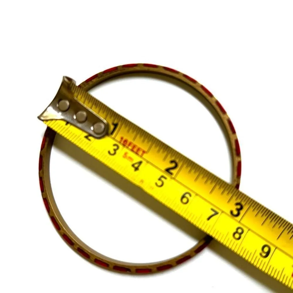 Vintage Brass Checkered Red Enamel Bangle Bracelet - Image 7