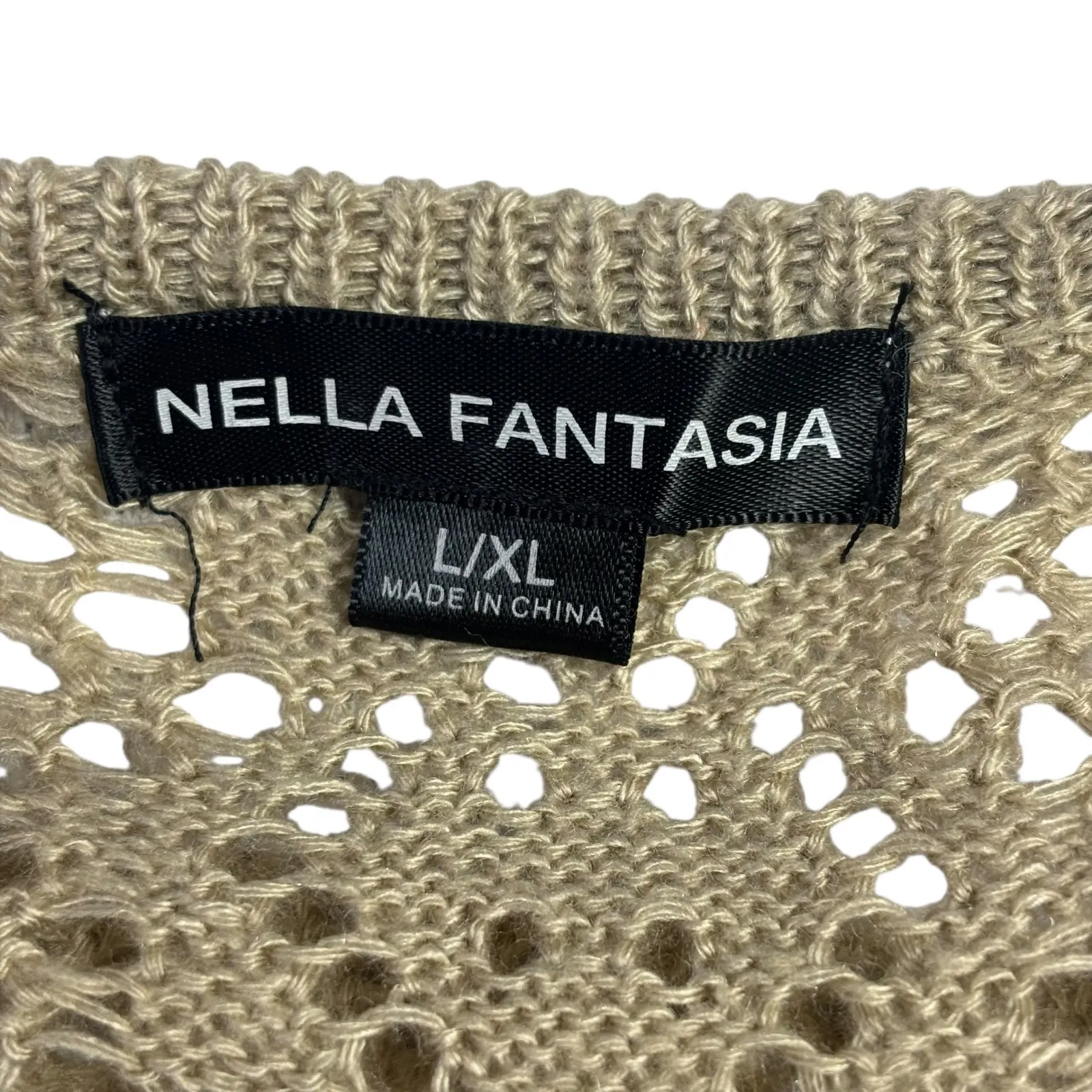 Nella Fantasia Tan Knit Poncho Sweater Fringe V Neck Women L XL* Size undefined - Image 6