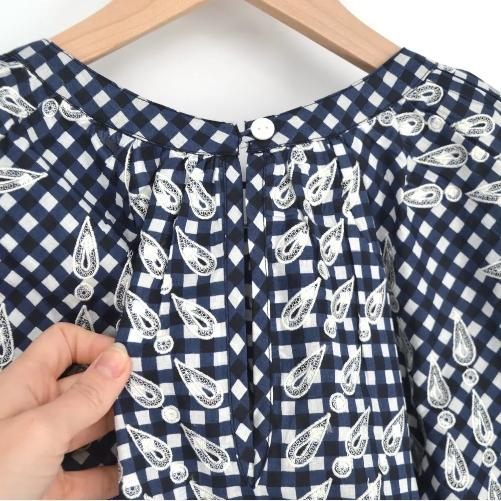 NEW BANJANAN Rada Top Embroidered Wheat Cotton Gingham Navy Blue White Women's M Size M - Image 5