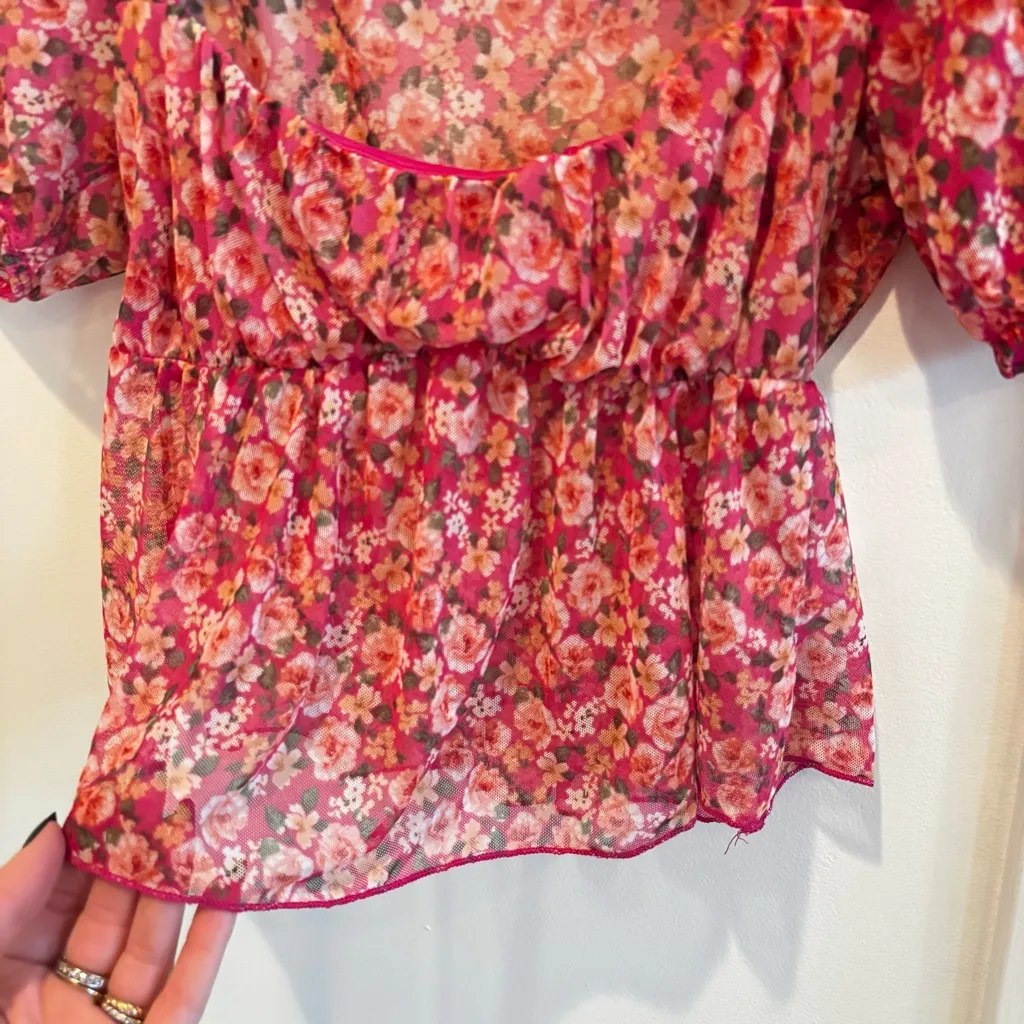 Live In The Moment Micro Mesh Baby Doll Fairy Top Pink Floral Size XS Women's - Image 4