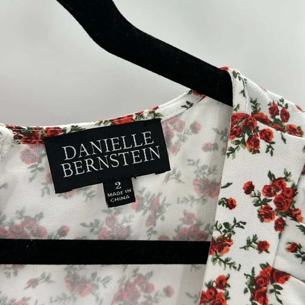 Danielle Bernstein White red Floral Midi Dress Ruched Puff Sleeve side Slit sz 2 - Image 6