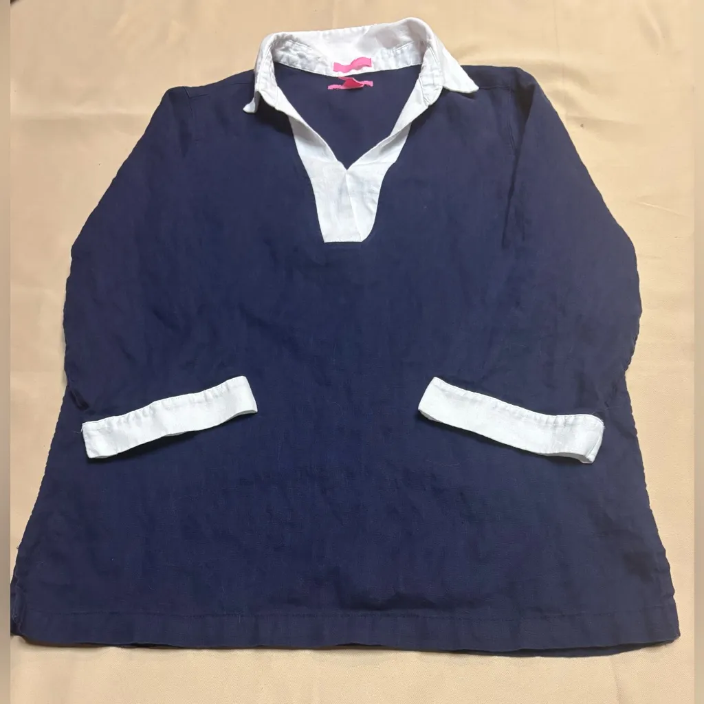 Isaac Mizrahi 100% Linen Womens Sz M V-Neck Blouse Tunic Navy Blue White Trim - Image 11