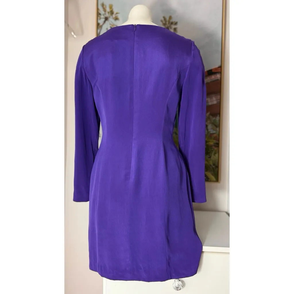 Vintage 90s Hugo Buscati Purple 100% Silk V-Neck Sheath Mini Dress Size 10 - Image 6
