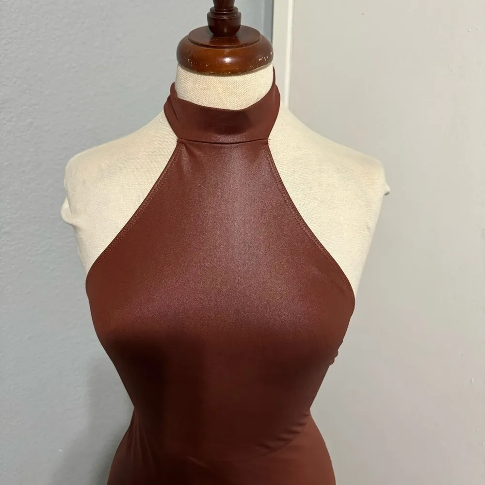 SHEIN Rust Brown Asymmetrical Hem Open Back PU leather Bodycon Party Dress Sz XS - Image 11