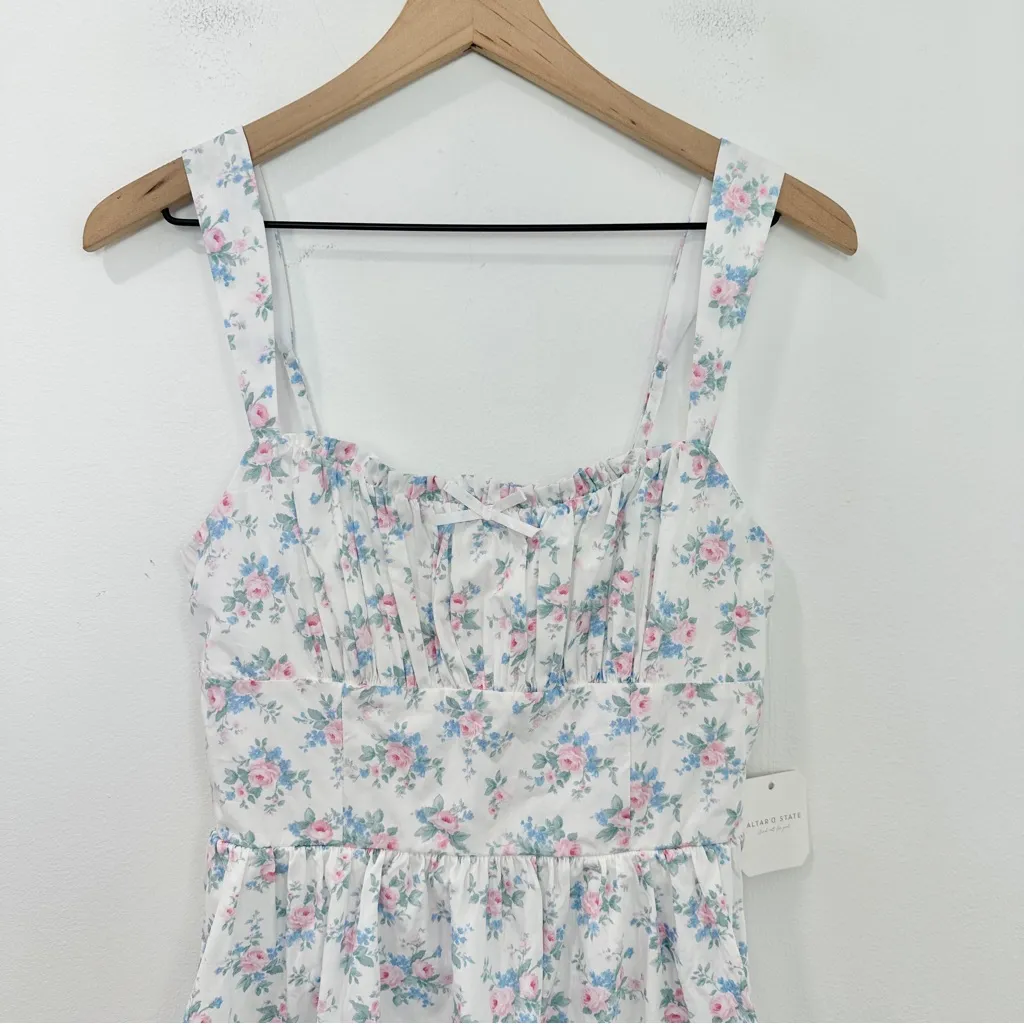 Altar'd State Isa Floral Mini Milkmaid Dress White Pink Blue Floral NWT Small - Image 5