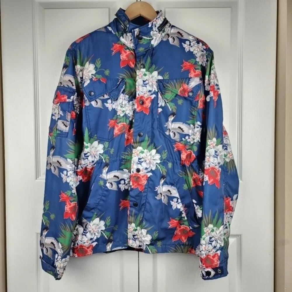 Staple Hooded Rain Jacket Coat Pigeon Brand Blue Floral Birds Print Size M Size M - Image 4