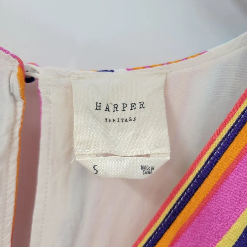 Harper Heritage Dress Small Multicolor Striped Tie Waist Wood Button Front - Image 10
